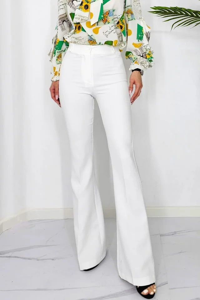 Pantaloni eleganti, Katte, croiala evazata si talie inalta, Alb