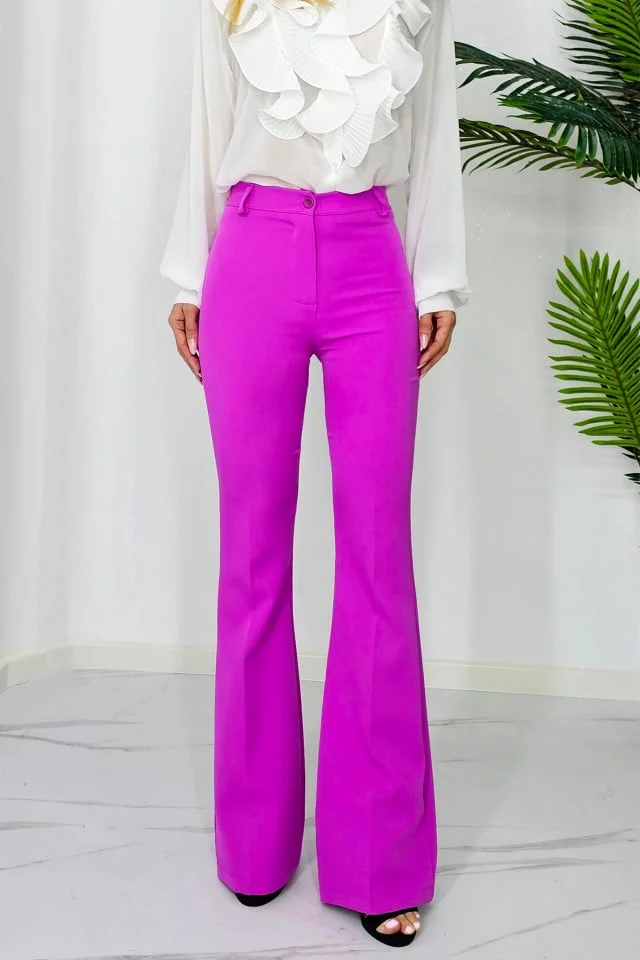 Pantaloni eleganti, Katte, croiala evazata si talie inalta, Fucsia