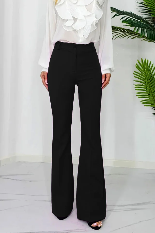 Pantaloni eleganti, Katte, croiala evazata si talie inalta, Negru