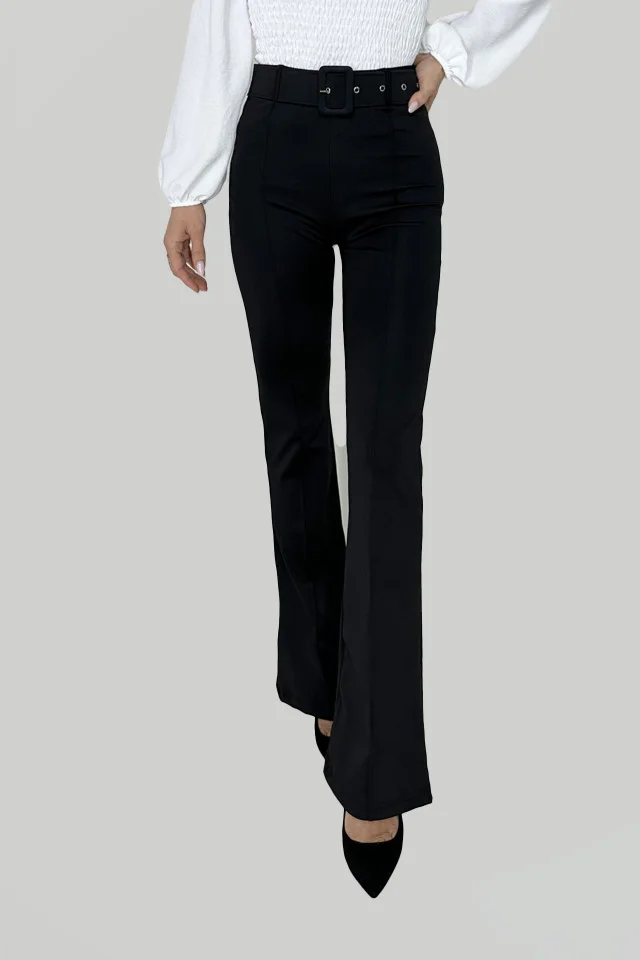 Pantaloni eleganti, Matty, cu dunga, evazati si curea asortata, Negru