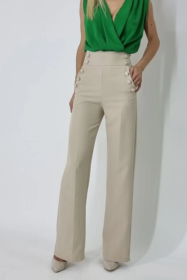 Pantaloni eleganti Palma, cu talie inalta, Crem