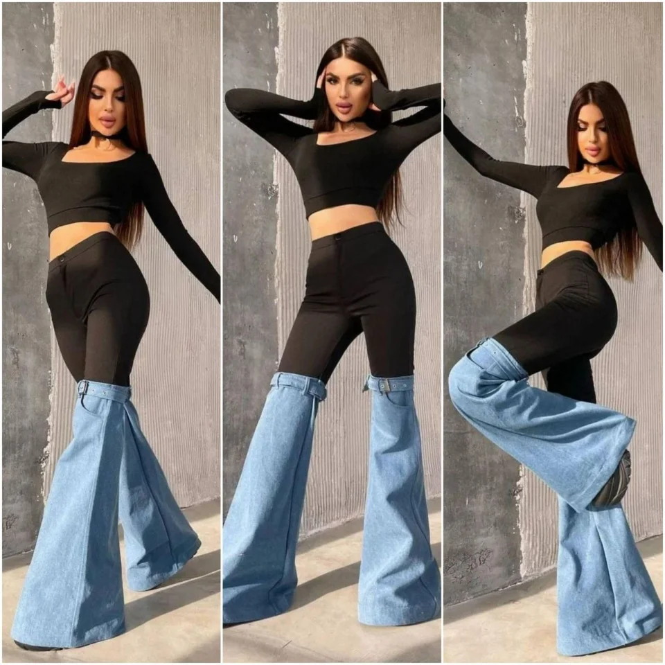 Pantaloni evazati Hybrid Style, din denim si curele decorative, Albastru deschis