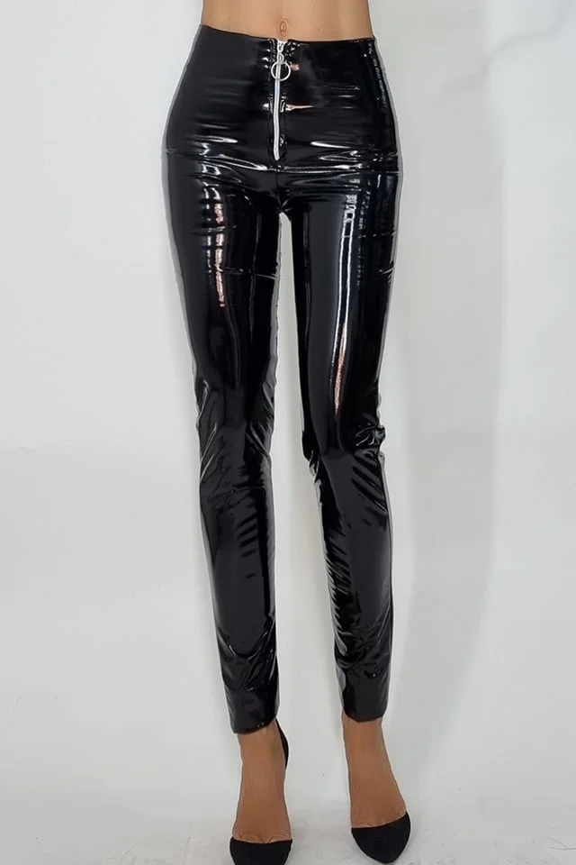 Pantaloni latex cu fermoar in fata, Abby, Negru