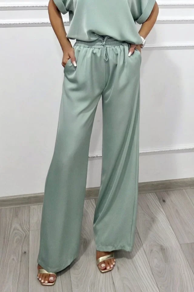 Pantaloni lungi vaporosi LYRA, croi larg cu banda elastica, Vernil