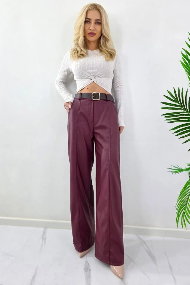 Pantaloni lungi, vatuiti din piele eco, Leonis, cu banda elastica si buzunare, Bordo, Marime S/M