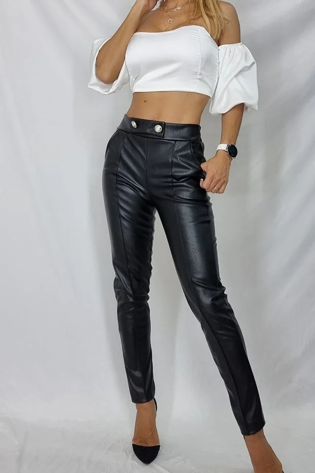 Pantaloni Madi din piele ecologica cu dunga, Negru