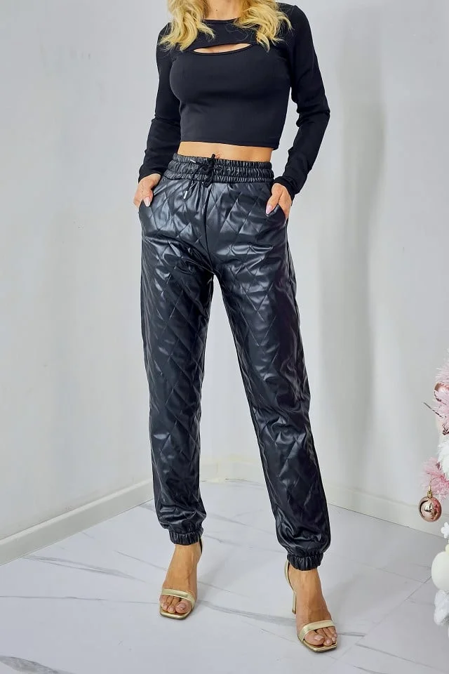 Pantaloni matlasati Lukas, din piele ecologica si cusaturi evidentiate, Negru