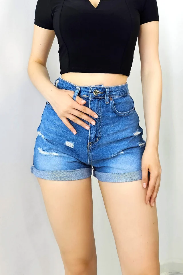 Pantaloni scurti de blugi Noah, cu perforatii si manseta la baza, Albastru denim