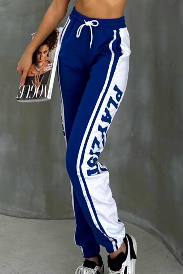 Pantaloni sport Playlist, cu imprimeu bicolor si banda elastica, Albastru