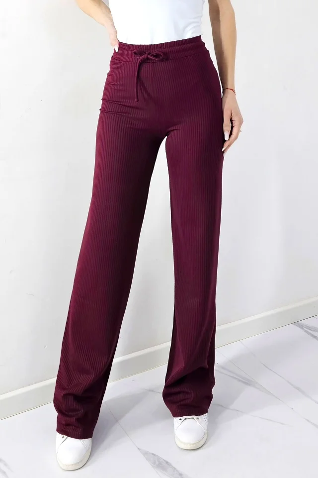 Pantaloni tricot subtire JANG, croiala dreapta wide leg si snur, Visiniu