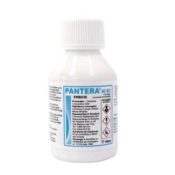 Pantera 40EC 100 ml, erbicid buruieni graminee anuale si perene, Arysta (vita de vie, ardei, bostan, cartof, castraveti, dovleac, fasole, floarea soarelui, morcov, pepeni, rapita, soia, telina, varza, tomate)
