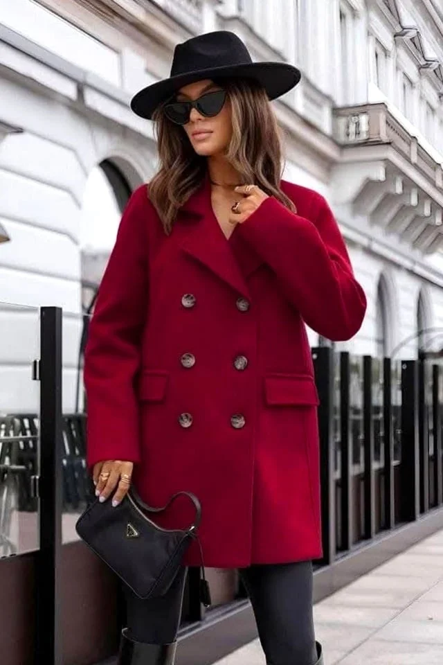 Pardesiu cu nasturi Adriana, croi oversize si revere scurte, Visiniu, Marime S/M/L