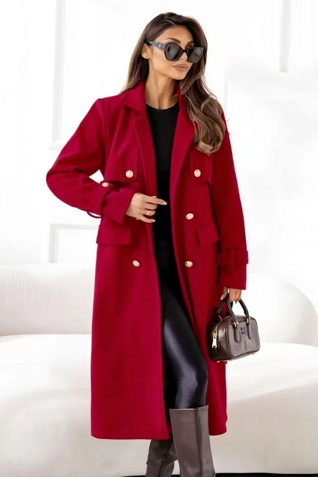 Pardesiu lung de dama, VITTORIA, cu revere si cordon, Rosu, Marime S/M