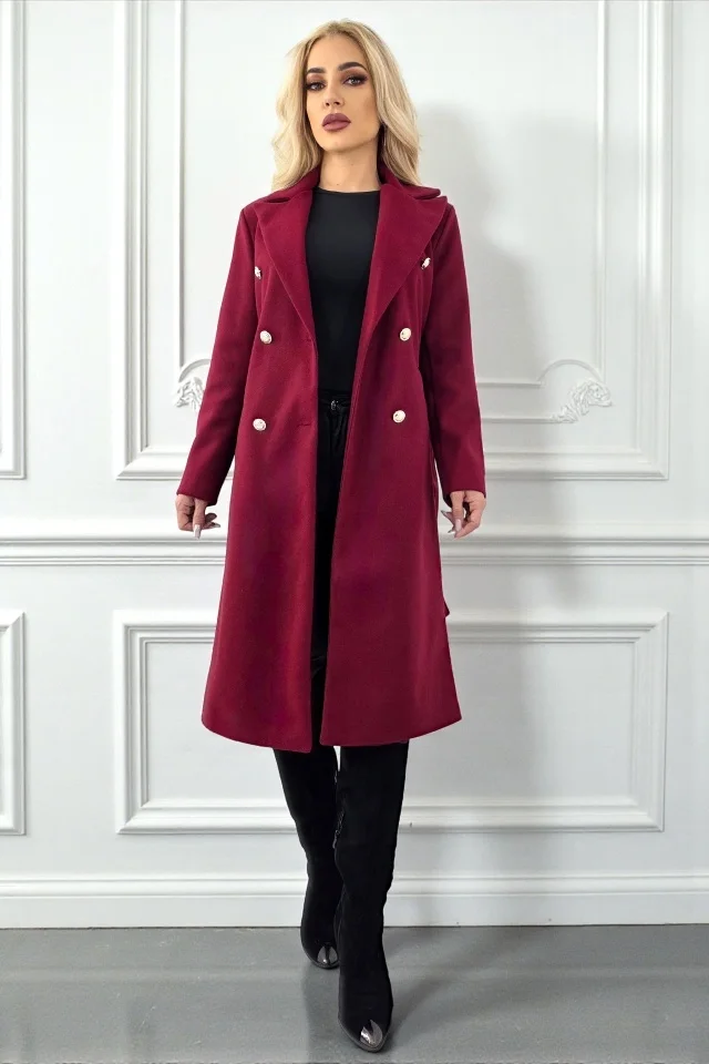 Pardesiu subtire, midi, AVELYN, cu butoni aurii si cordon, Rosu bordo