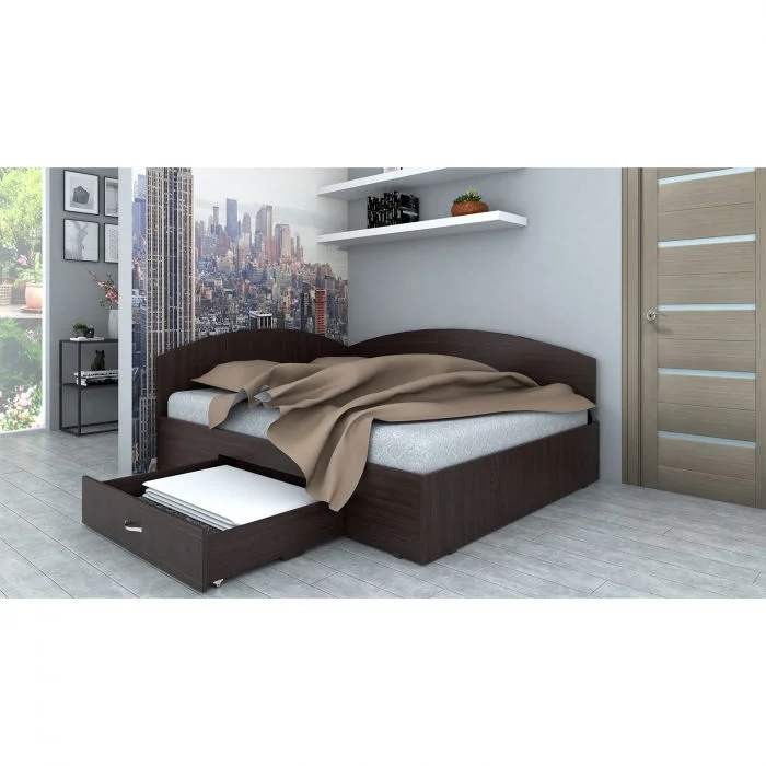 Pat de colt, 160x200 cm, cu sertar pe role, wenge