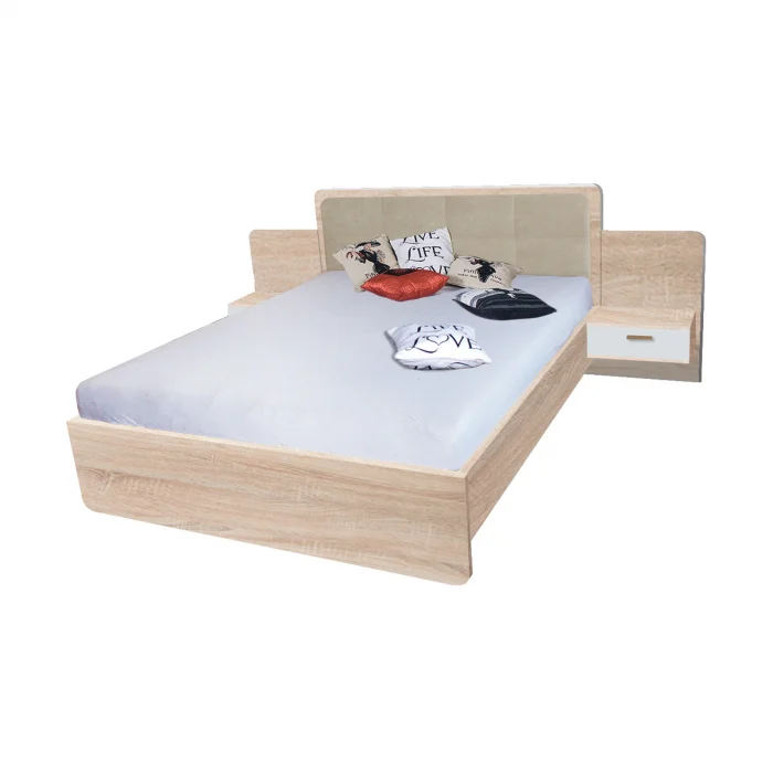 Pat EF2L, cu tablie tapitata, 160x200 cm, noptiere, sonoma + alb