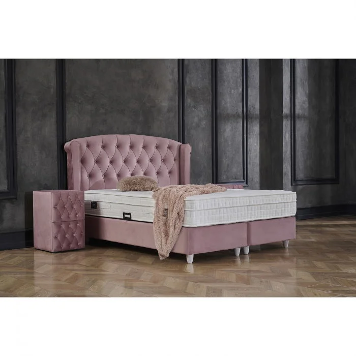 Pat tapitat ROSE 160x200 cm, cu saltea, somiera rabatabila si spatiu depozitare, stofa roz