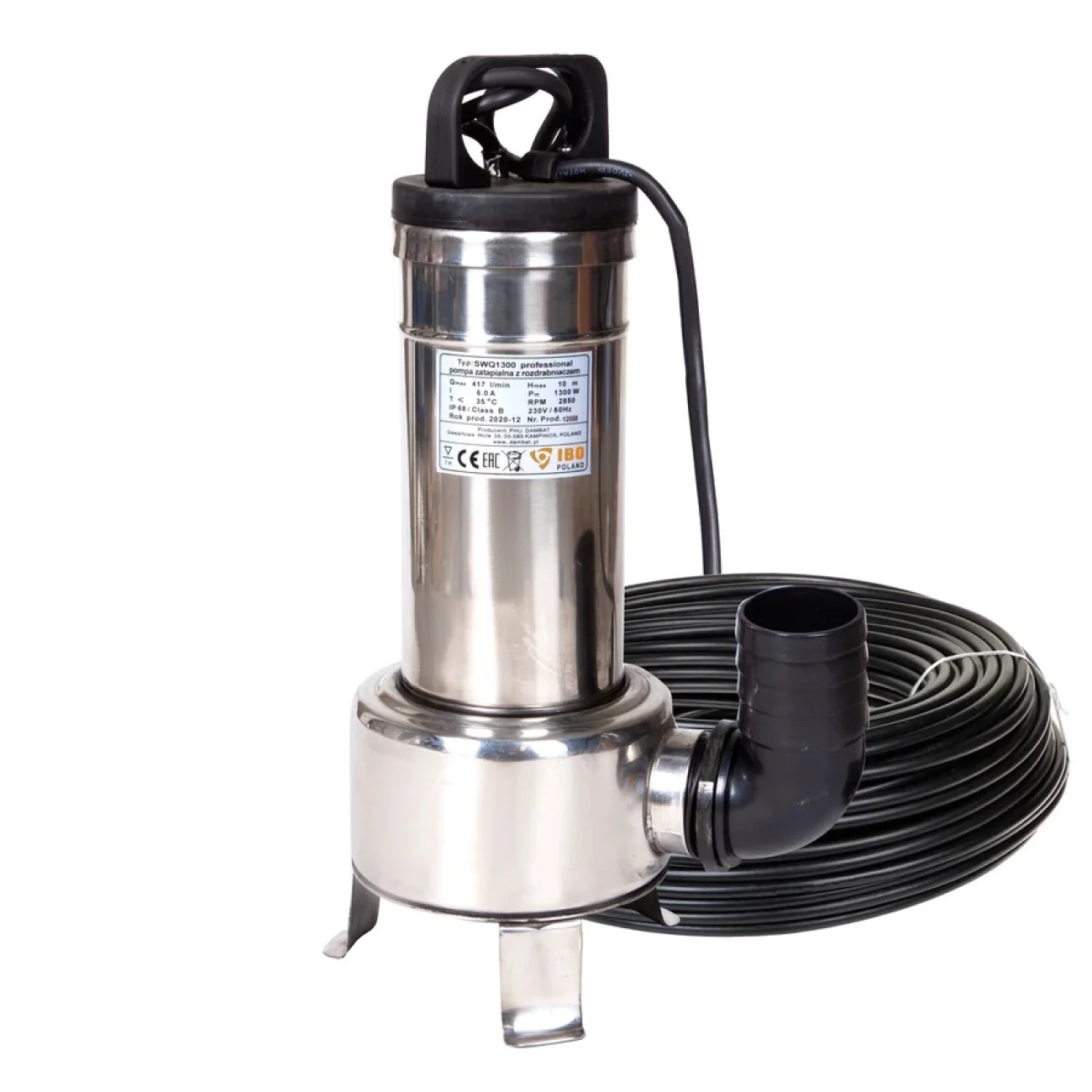 Pompa apa murdara cu tocator, Fose, Canalizare IBO SWQ 1300, 1.3 kW, 417 l/min, H Refulare 10 m, Otel Inox