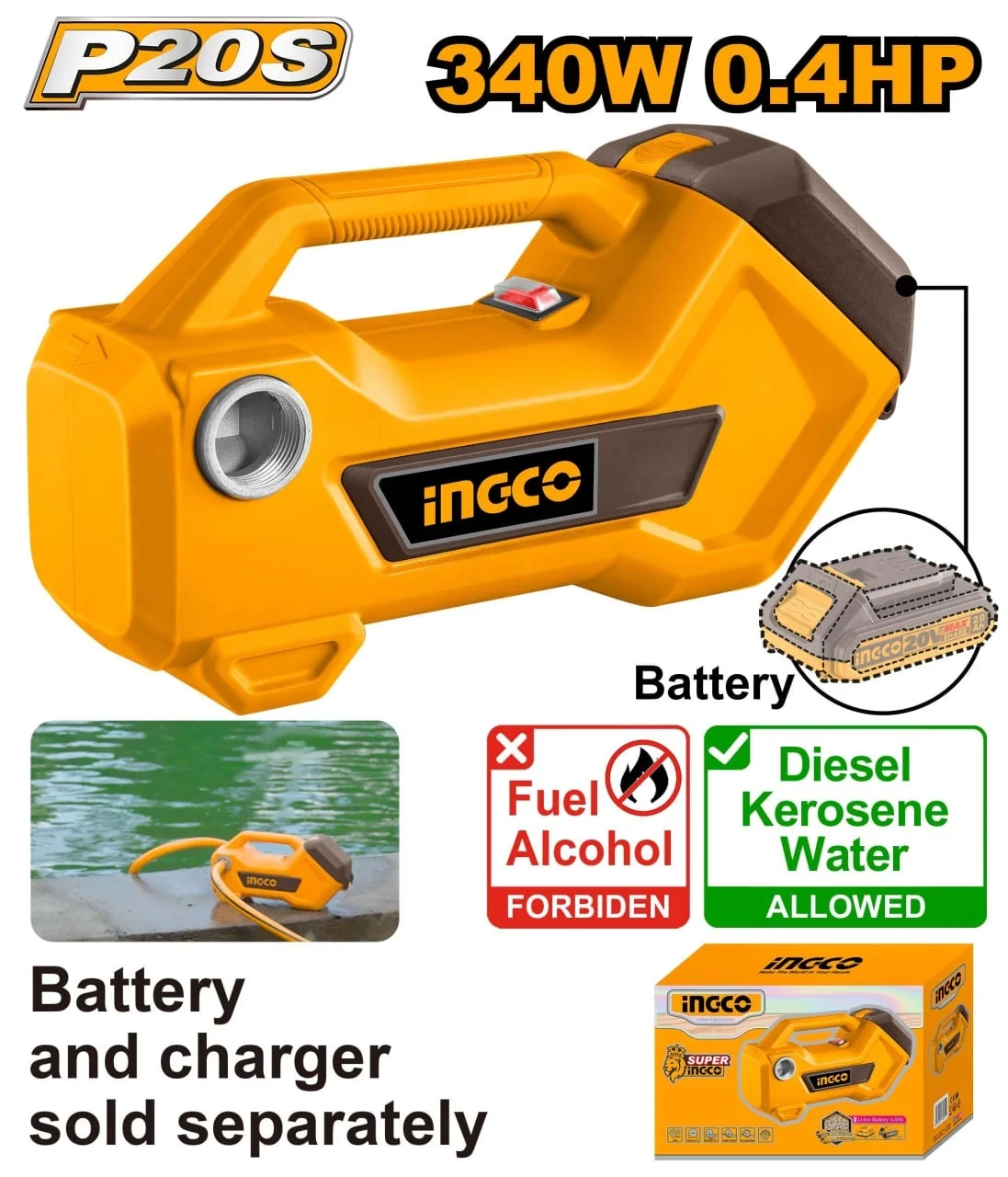 Pompa de transfer lichide 20V, 0.4HP, 48 l/min, conexiune 3/4", INGCO TPLI2001