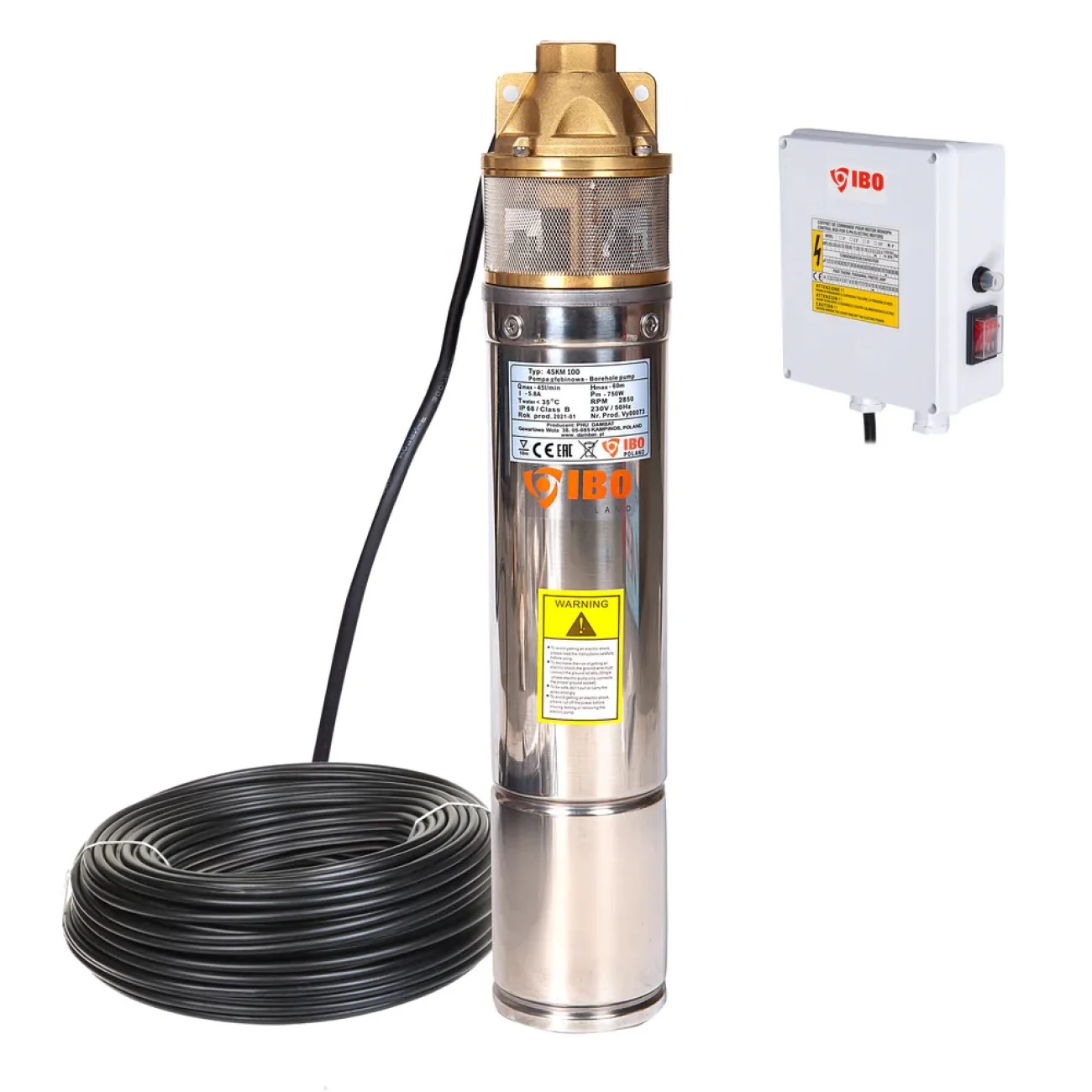 Pompa Submersibila cu Panou Control IBO Polonia 4SKM100, 750 W, 45 l/min, H Refulare 60 m, 15m cablu