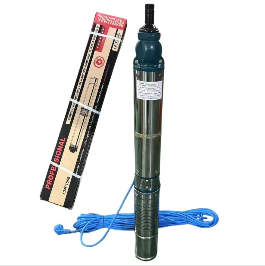 Pompa submersibila de adancime multietajata CAMPION® CMP1559, 8 turbine, 1500W, 230V, debit 6600 l/h, Hmax 58m, adancime max 30m, IP68, cablu 25m, inox, diametru 100mm, racord 1", apa curata