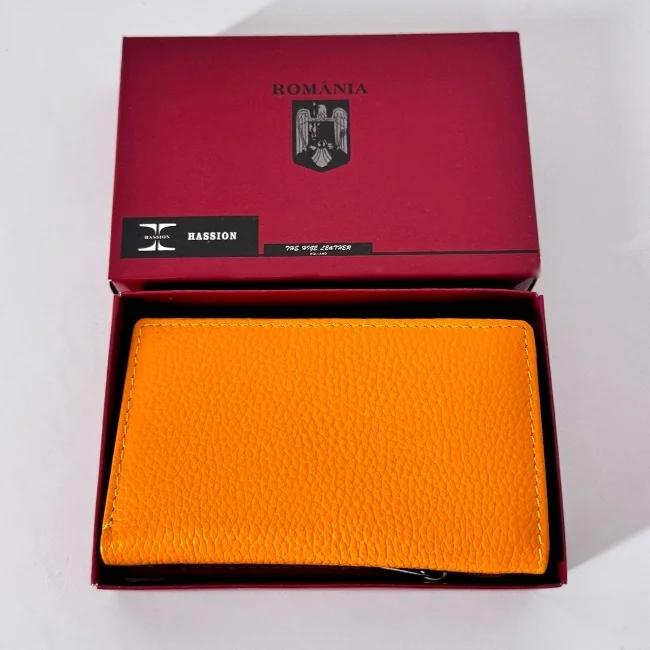 Portofel dama Hassion, piele naturala si deschidere tripla, Galben mustar