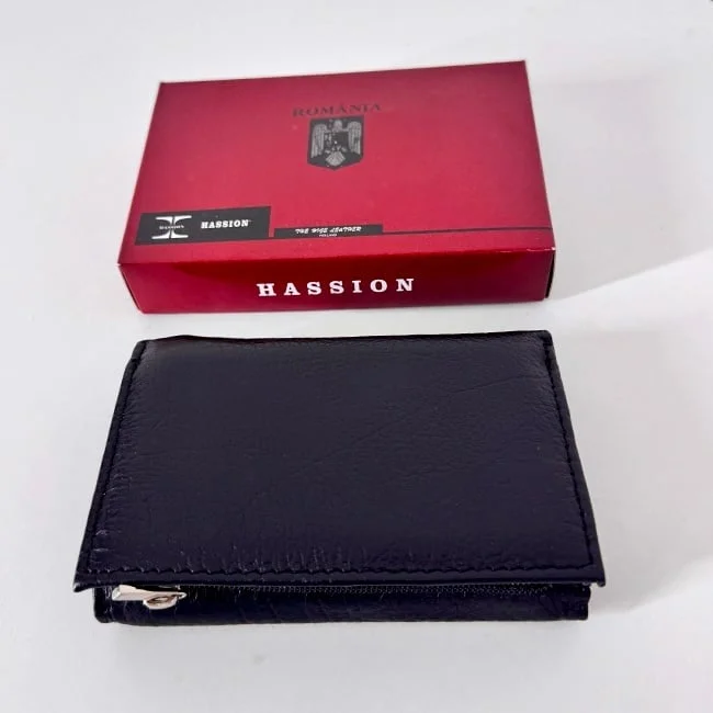 Portofel dama Hassion, piele naturala si deschidere tripla, Negru