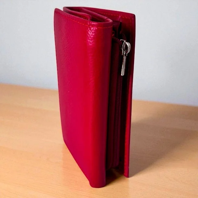 Portofel dama Hassion, piele naturala si deschidere tripla, Roz inchis