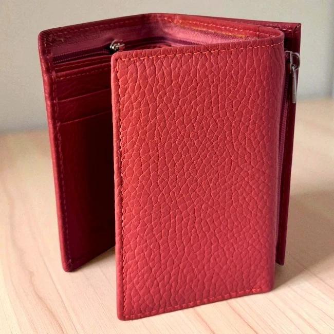 Portofel dama Hassion, piele naturala si deschidere tripla, Visiniu