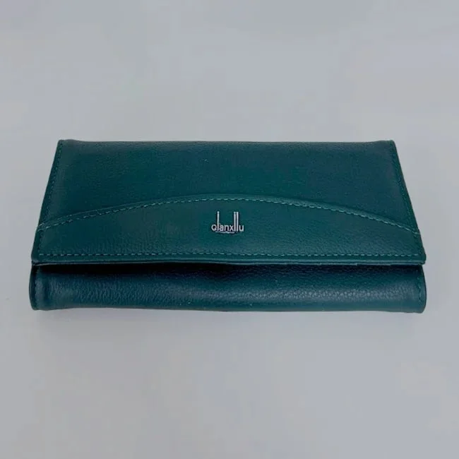 Portofel dama Qianxilu din piele naturala, deschidere prin capsa pe lateral, 16 compartimente, Verde inchis