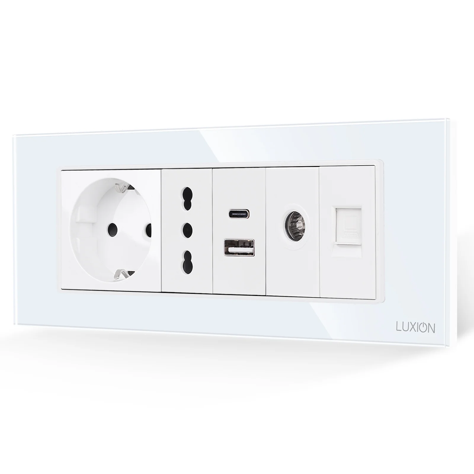 Priza Schuko + Ingusta + Dubla USB + TV + Internet cu Rama Din Sticla LUXION, Standard Italian, 6M