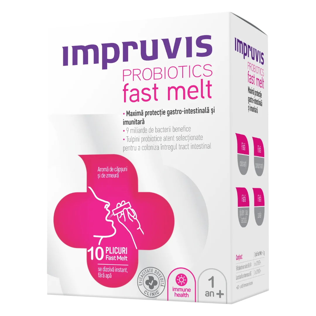 Probiotic Fast Melt cu aroma de capsuni si zmeura, 10 plicuri, Impruvis