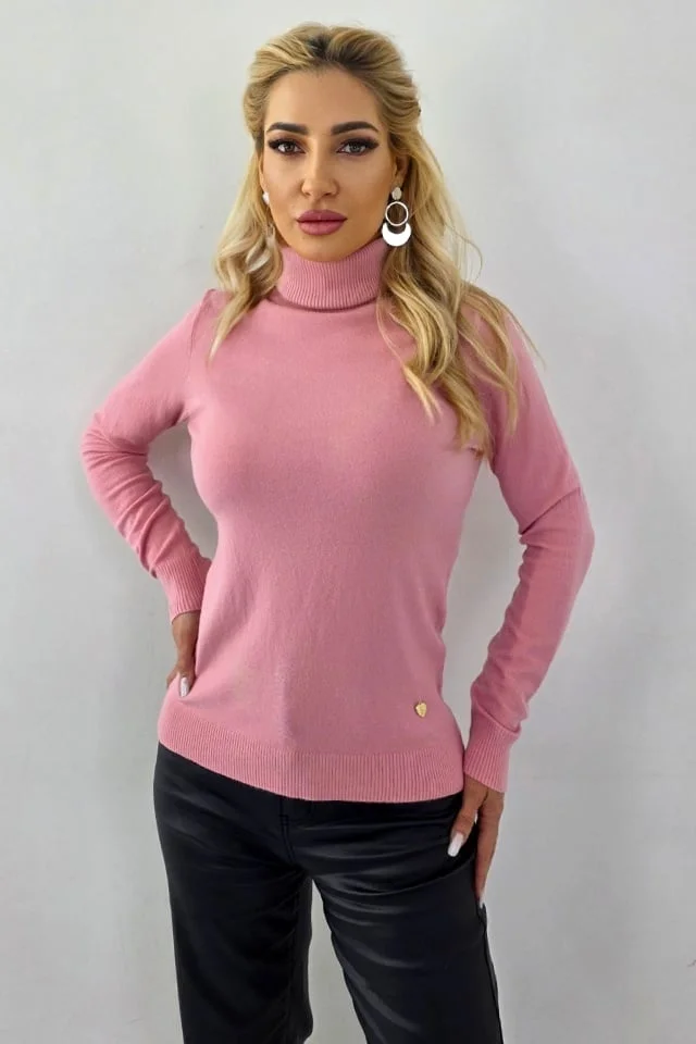 Pulover accesorizat din casmir si lana, PATY Roll, cu guler rulat, Roz, Marime S/M