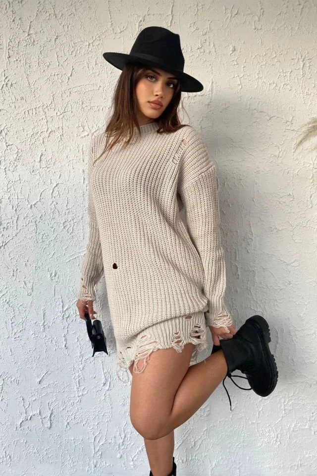 Pulover lung tricotat Laura, cu decupaje in material, Crem, Marime universala S/M/L