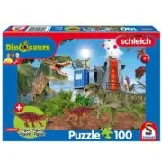 Puzzle 100 piese, Dinozauri din timpuri preistorice + Cadou: figurina dinozaur Saichania, Schmidt