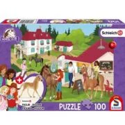 Puzzle 100 piese, Schleich - Horse Club: Grajduri de echitatie + Cadou: figurina cal, Schmidt