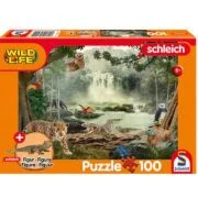 Puzzle 100 piese, Viata salbatica, in padurea tropicala + Cadou: figurina pui de crocodil, Schmidt