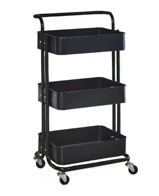 Raft portabil cu 3 nivele de depozitare maner pentru transportare din metal 45x37x82cm NEGRU
