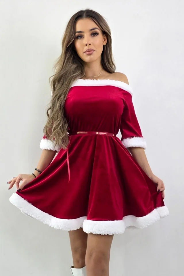 Rochie babydoll Craciunita RUBY Santa, cu blanita alba, umerii goi, maneca scurta, Rosu, Marime S/M