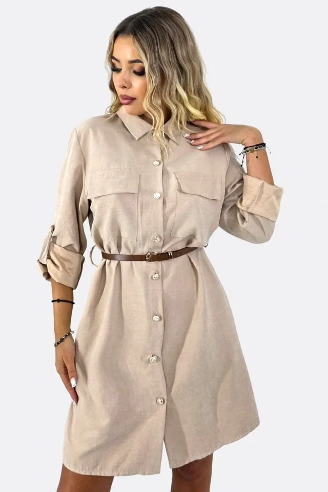 Rochie casual cu buzunare Kayla si inchidere nasturi, Crem, Marime S/M