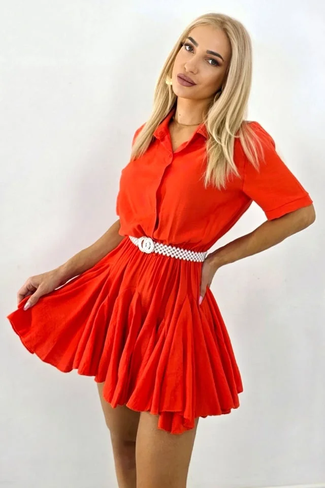 Rochie cu volane Peony Pearl, babydoll si curea inclusa, Portocaliu, Marime S/M