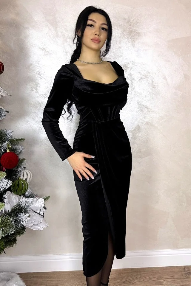 Rochie de ocazie, catifelata Kassia, cu aspect petrecut, Negru, Marime S/M