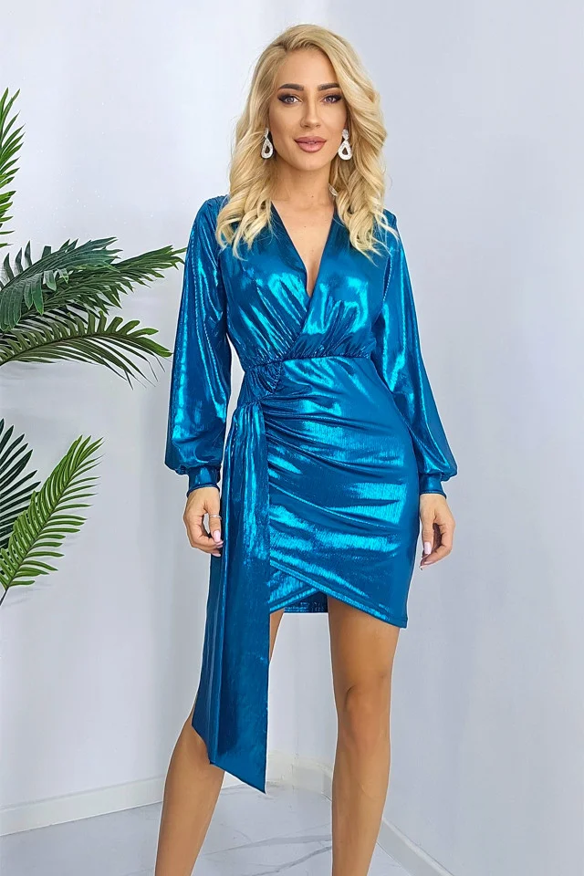 Rochie de ocazie Glena, cu aspect metalic si detaliu asimetric, Albastru, Marime S/M