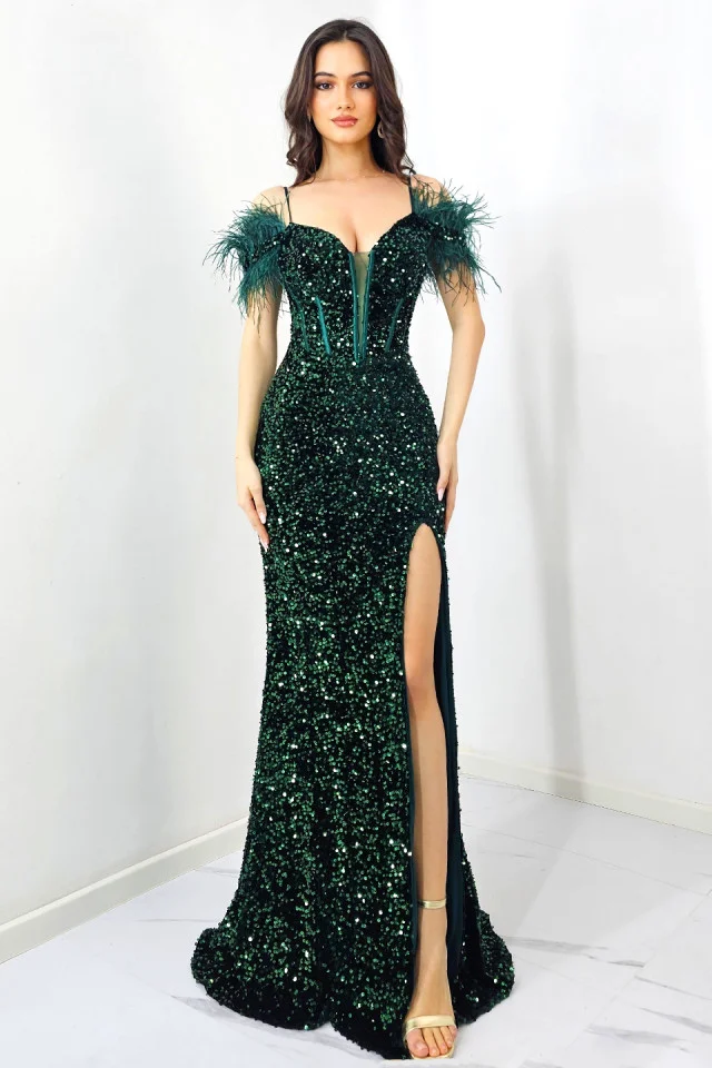 Rochie de seara Lady Marry, croi tip sirena, cu paiete si pene, Verde inchis