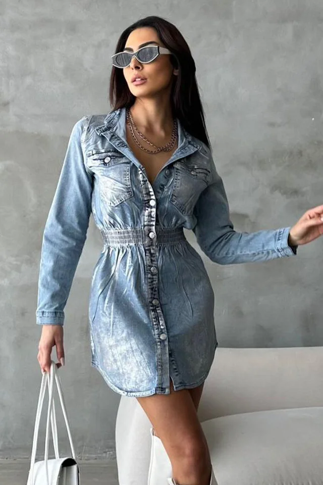 Rochie de zi Larissa, din denim, croi cambrat si imprimeu metalic argintiu