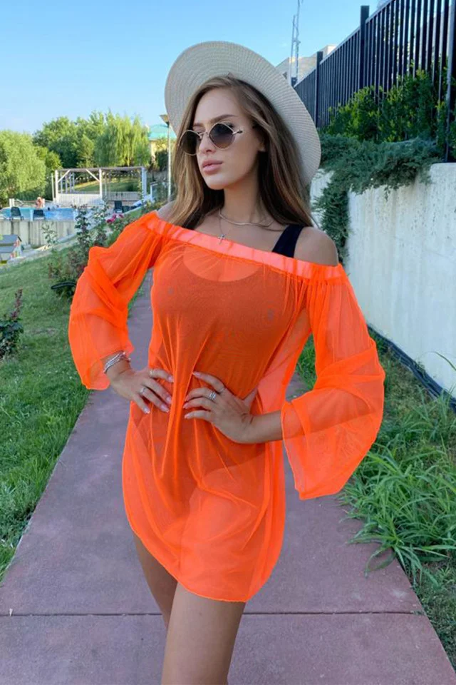 Rochie din plasa Floridas, cu maneca lunga si croiala lejera, Orange, Marime universala S/M