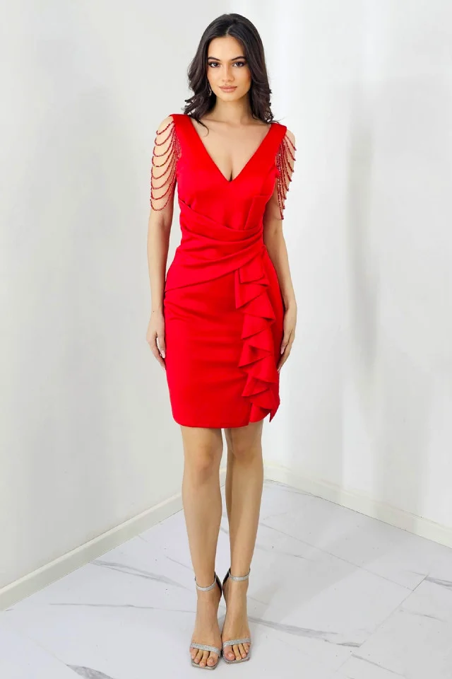 Rochie eleganta Larisa, cu siraguri din cristale si falduri decorative, Rosu