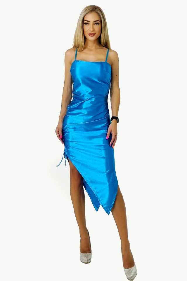 Rochie Elysium, asimetrica, cu bretele subtiri, Albastru, Marime S/M