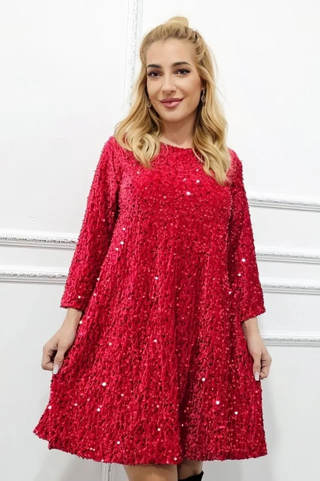 Rochie evazata de seara Tamina, cu paiete si fundita supradimensionata la spate, Rosu, Marime S/M/L