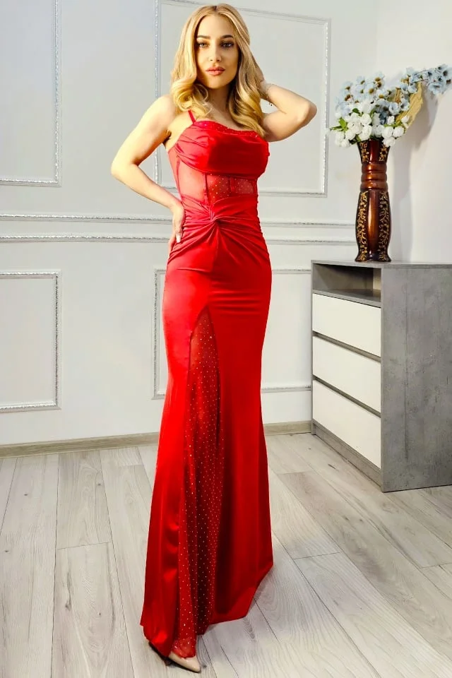 Rochie lunga de ocazie SYREN, cu strasuri si talie decupata, Rosu, Marime S/M